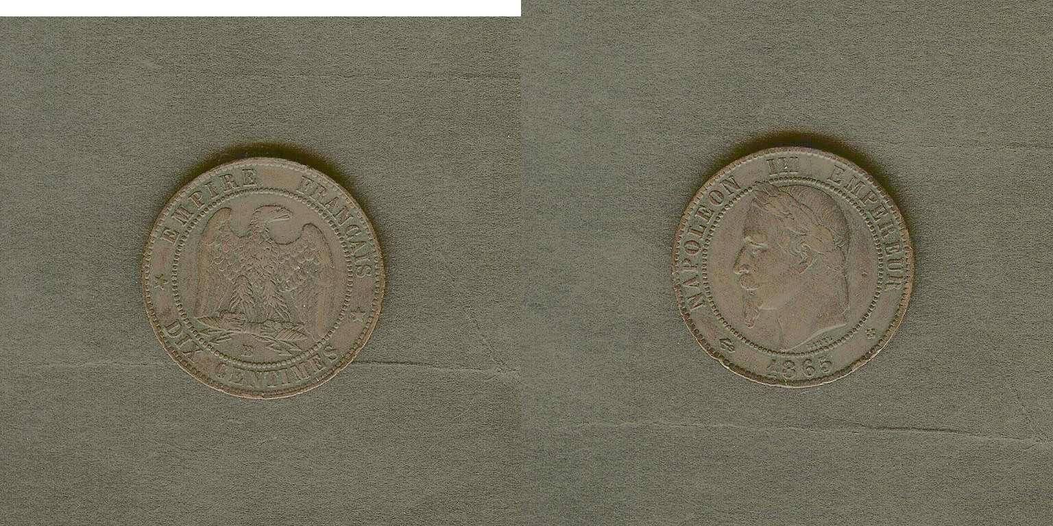 Dix Centimes Napoléon tête laurée 1865 Strasbourg TTB+